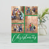 Vrolijk kerstscript 4 Collage Multi-Photo Green Feestdagenkaart (Staand voorkant)