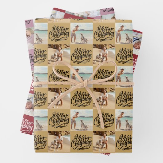 Vrolijk kerstscript 6 Foto Gold Red Roze Inpakpapier Vel (In situ)