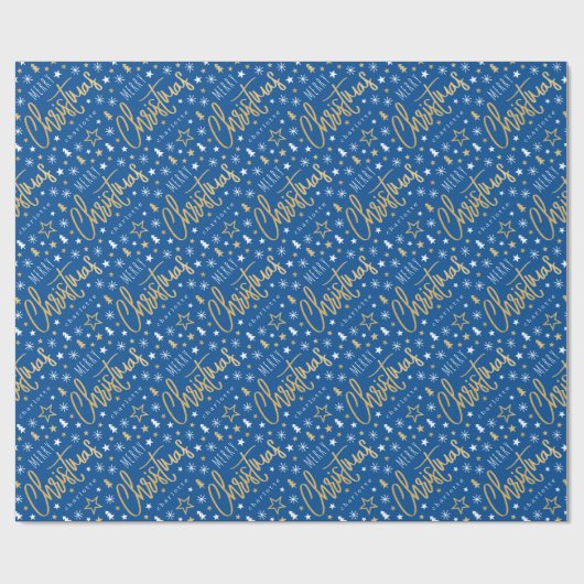 Vrolijk Kerstscript Aangepaste naam Blue Faux Gold Cadeaupapier (Vlak)