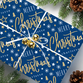Vrolijk Kerstscript Aangepaste naam Blue Faux Gold Cadeaupapier
