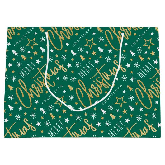 Vrolijk Kerstscript Aangepaste naam Green Faux Gol Groot Cadeauzakje (Voorkant)