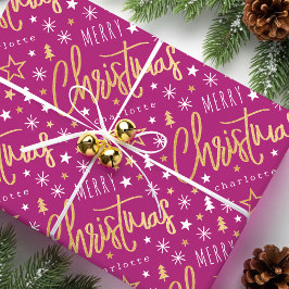 Vrolijk Kerstscript Aangepaste naam Pink Faux Gold Cadeaupapier