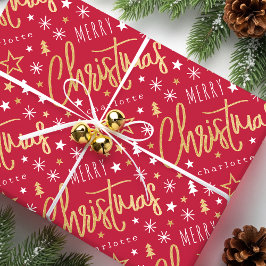 Vrolijk Kerstscript Aangepaste naam Red Faux Gold Cadeaupapier