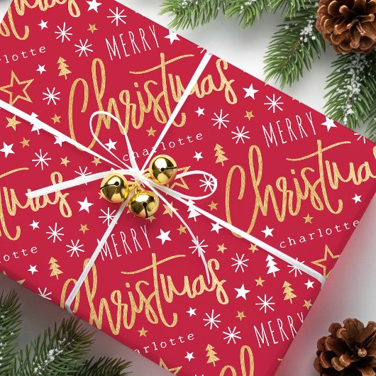 Vrolijk Kerstscript Aangepaste naam Red Faux Gold Cadeaupapier