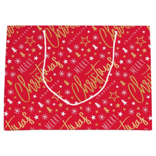 Vrolijk Kerstscript Aangepaste naam Red Faux Gold Groot Cadeauzakje (Voorkant)