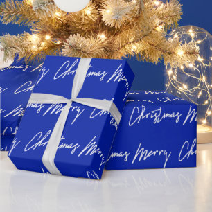 Vrolijk kerstscript Blauw-seizoensgebonden winter Cadeaupapier