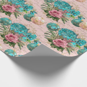 Vrolijk kerstscript Blue Ocean Gold Pink Roses Cadeaupapier