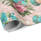 Vrolijk kerstscript Blue Ocean Gold Pink Roses Cadeaupapier (Rol Hoek)