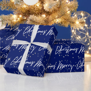 Vrolijk kerstscript Blue White Gold Confetti Cadeaupapier