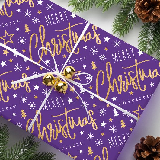 Vrolijk Kerstscript Custom Paarse Faux Gold Cadeaupapier