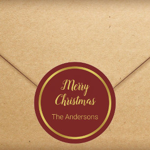 Vrolijk kerstscript donkerrood en gouden Jouw naam Ronde Sticker