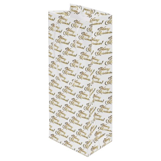 Vrolijk kerstscript Elegant wit en goud Wijn Cadeautas (Achterkant Gekanteld)