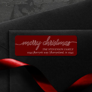 vrolijk kerstscript   feestelijk donkerrood adres etiket