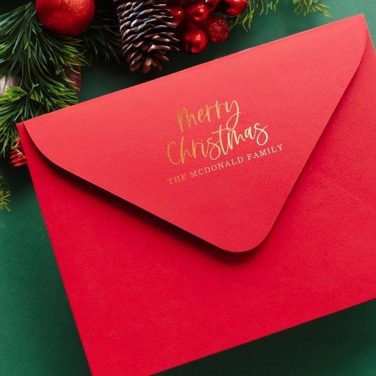 Vrolijk kerstscript gepersonaliseerde familienaam rubberstempel