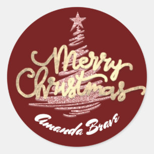 Vrolijk kerstscript: Gold Roos Burgundy Ronde Sticker