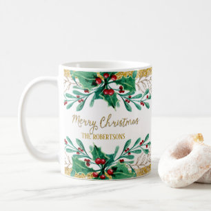 Vrolijk kerstscript Gold Waterverf Holly Berry Koffiemok