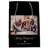 Vrolijk Kerstscript Hart Zwart en Goud Foto Medium Cadeauzakje (Voorkant)