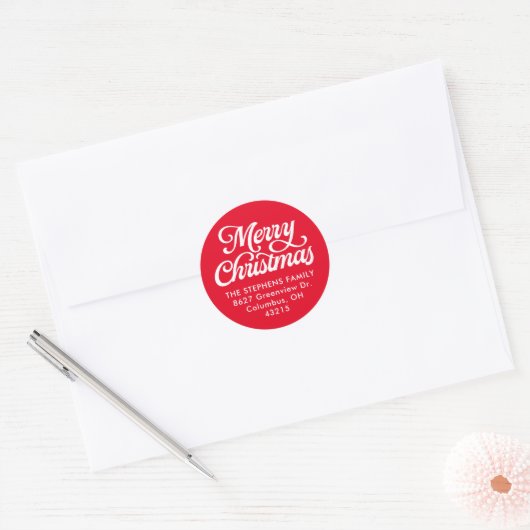 Vrolijk kerstscript klassiek rood retouradres ronde sticker (Envelop)