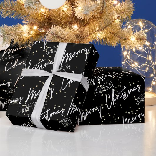 Vrolijk kerstscript met de naam Black White Gold Cadeaupapier (Feestdagen)