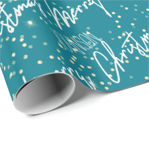 Vrolijk kerstscript met naam Blauwgroen goud Cadeaupapier