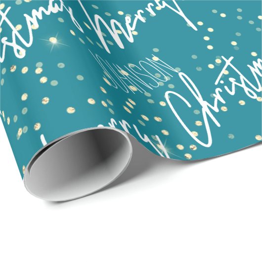 Vrolijk kerstscript met naam Blauwgroen goud Cadeaupapier (Rol Hoek)