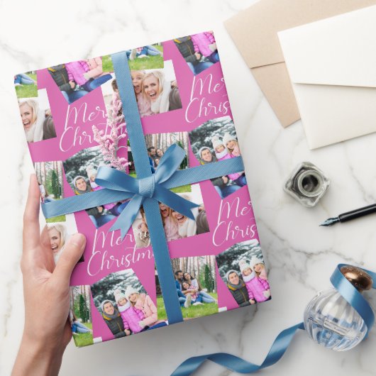 Vrolijk kerstscript Modern 3 Foto aangepast Cadeaupapier (Geschenken)