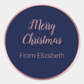 Vrolijk Kerstscript Naam Dark Blue & Roos Gold Ronde Sticker (Voorkant)