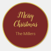 Vrolijk kerstscript naam donker rood en goud ronde sticker (Voorkant)