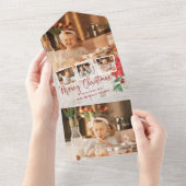 Vrolijk kerstscript, Poinsettia, Rustic 4-foto All In One Uitnodiging (Afscheurbaar)