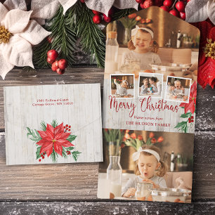 Vrolijk kerstscript, Poinsettia, Rustic 4-foto All In One Uitnodiging
