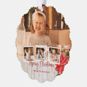 Vrolijk kerstscript, Poinsettia, Rustic 4-foto Ornament Kaart (Links)