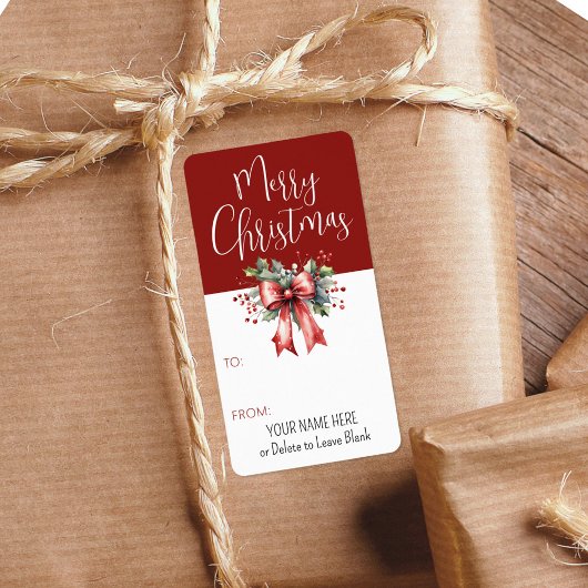 Vrolijk kerstscript Red Bow TO/FROM Gift Label