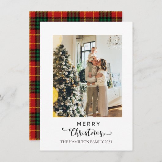 Vrolijk kerstscript Red Plaid Tartan Foto Feestdagenkaart (Voorkant / Achterkant)