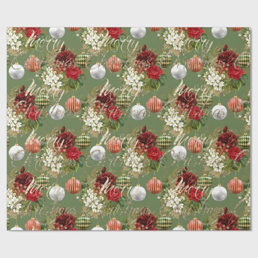 Vrolijk kerstscript Rozen Gold Red Spark Green Cadeaupapier (Vlak)