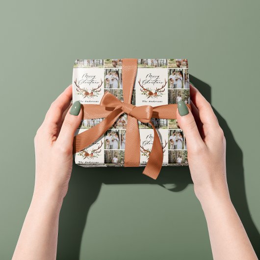 Vrolijk kerstscript rustiek gewei foto cadeaupapier