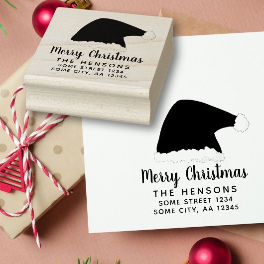 Vrolijk kerstscript Santa Hat Family Adres Rubberstempel