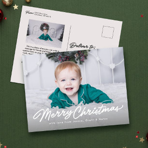 Vrolijk kerstscript twee foto's feestdagenkaart