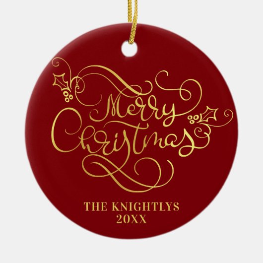 Vrolijk kerstscript voor Gold Uw kleur Keramisch Ornament (Voorkant)