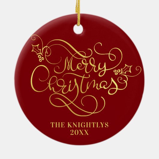 Vrolijk kerstscript voor Gold Uw kleur Keramisch Ornament (Achterkant)