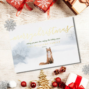 Vrolijk kerstscript Winter Fox Gold Folie Feestdagenkaart