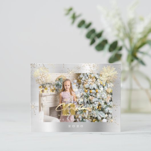 Vrolijk kerstscript zilver grijs goud lux sneeuw briefkaart (Staand voorkant)