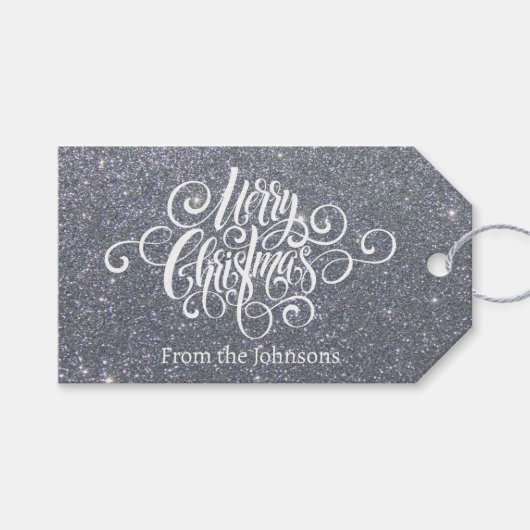 Vrolijk kerstscript zilveren glitter gepersonalise cadeaulabel (Voorkant (Horizontaal))