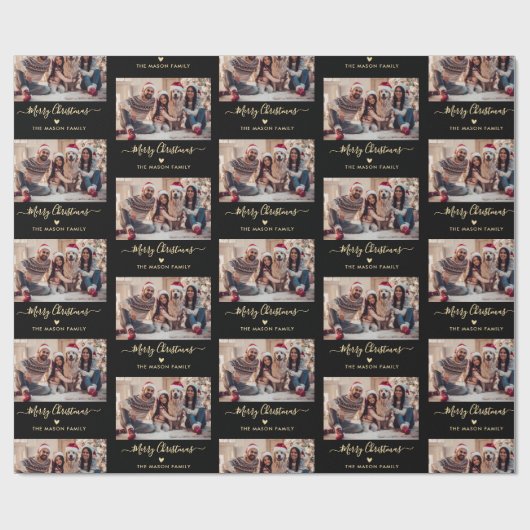 Vrolijk Kerstscript Zwart Goud Fotocollage Cadeaupapier (Vlak)