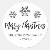 Vrolijk kerstscript zwart wit sneeuwvlok ronde sticker (Voorkant)