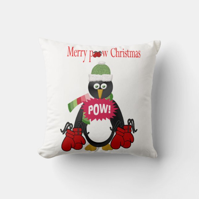 Vrolijk kerstSierkussen, Penguin Boxing Pow Kussen (Voorkant)