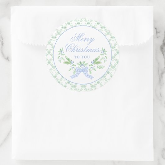 Vrolijk kersttrellis en swag met blauwe boog ronde sticker (Tas)