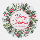 Vrolijk kerstvakantie groen rood script chic ornament kaart (Voorkant)