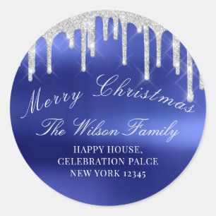 Vrolijk kerstVakantie RSVP Silver Royal Blue Ronde Sticker