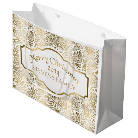 Vrolijk kerstwit en gouden Floral Paisley 2 Large Cadeautasje (Voorkant Gekanteld)