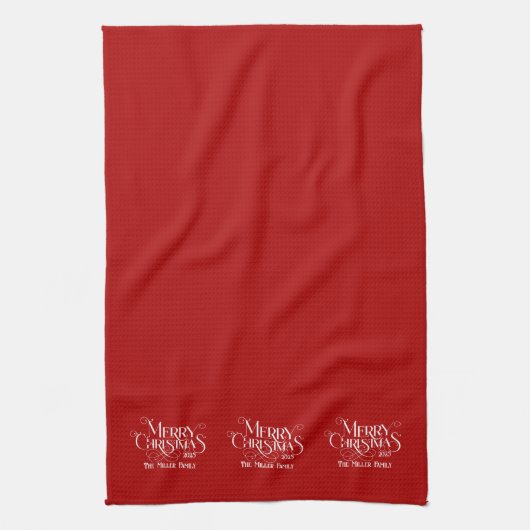 Vrolijk kerstwit op rode retro typografie theedoek (Verticaal)